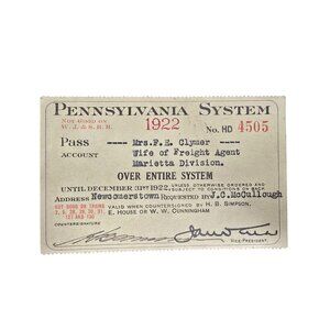 1922 Pennsylvania System Railroad Pass Mrs. F.E. Clymer Wife Of Agent Marietta